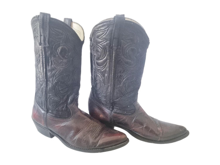 Leather Cowboy Boots 9.5, Vintage Western Footwear, Two Tone Oxblood Boots, Rustic Mid Calf Boots for Women & Men