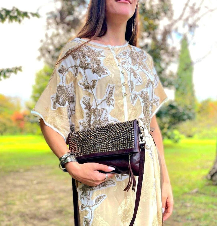 Handmade Leather Crossbody Clutch: Studded Boho Evening Bag