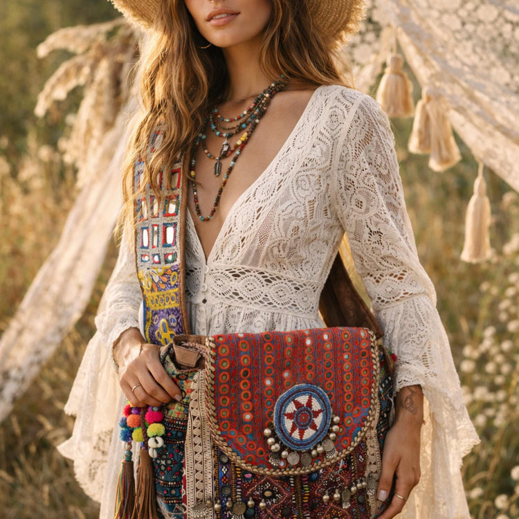 Vintage Embroidered Tapestry Bucket Bag: Upcycled Indian Tribal Purse