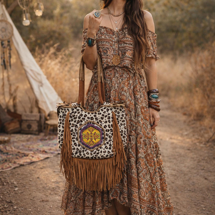 Oversized Leopard Cowhide & Leather Fringe Tote: Beaded Boho Bag
