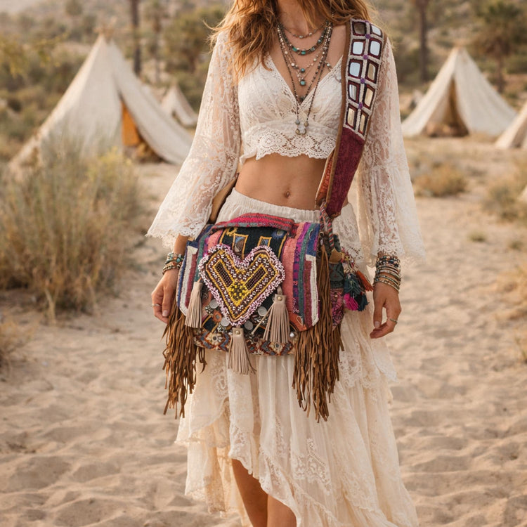 Embroidered Tribal Handbag: Beaded Fringe Leather Festival Purse