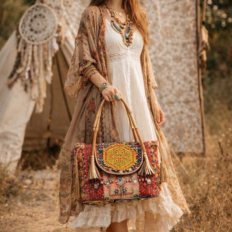 Large Boho Shoulder Bag, Banjara Leather Tote, Artisan Shopper Bag, Upcycled Patchwork Handbag, Festival Bohemian Tote
