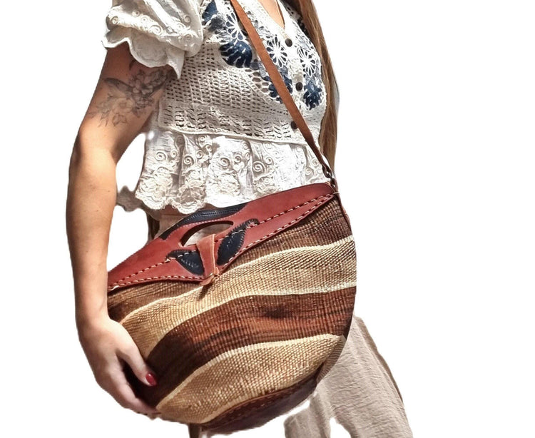 Handmade Sisal Bucket Bag: Boho Leather Tote, African Kiondo Purse