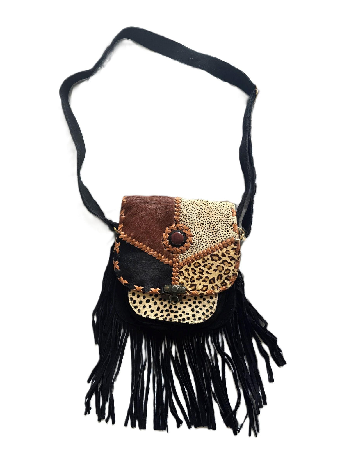 Boho Fringe Leather Crossbody Bag, Leopard Cowhide Western Purse, Hippie Festival Tassel Bag, Navajo Style Handbag