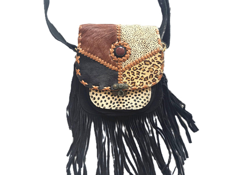 Boho Fringe Leather Crossbody Bag, Leopard Cowhide Western Purse, Hippie Festival Tassel Bag, Navajo Style Handbag