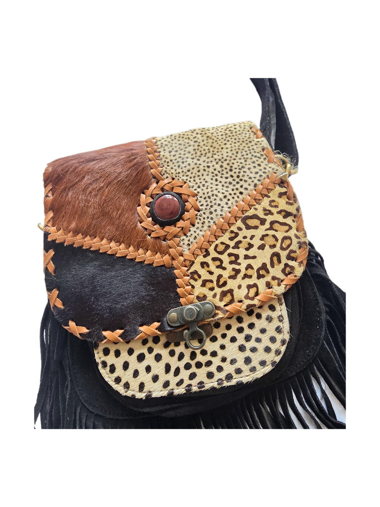 Boho Fringe Leather Crossbody Bag, Leopard Cowhide Western Purse, Hippie Festival Tassel Bag, Navajo Style Handbag