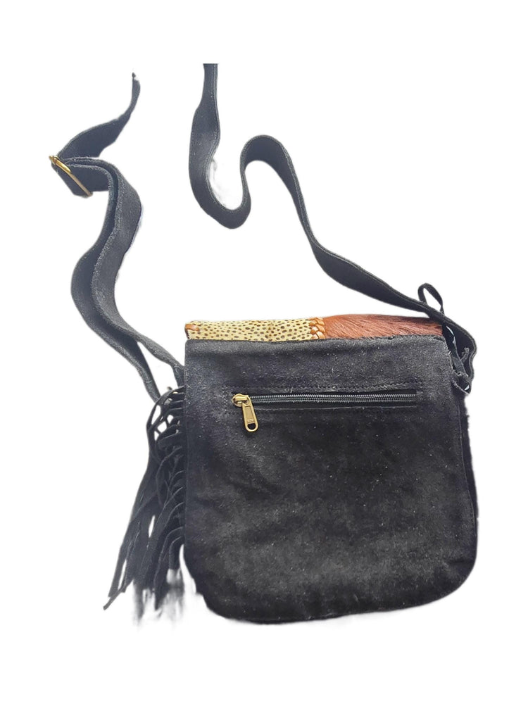 Boho Fringe Leather Crossbody Bag, Leopard Cowhide Western Purse, Hippie Festival Tassel Bag, Navajo Style Handbag