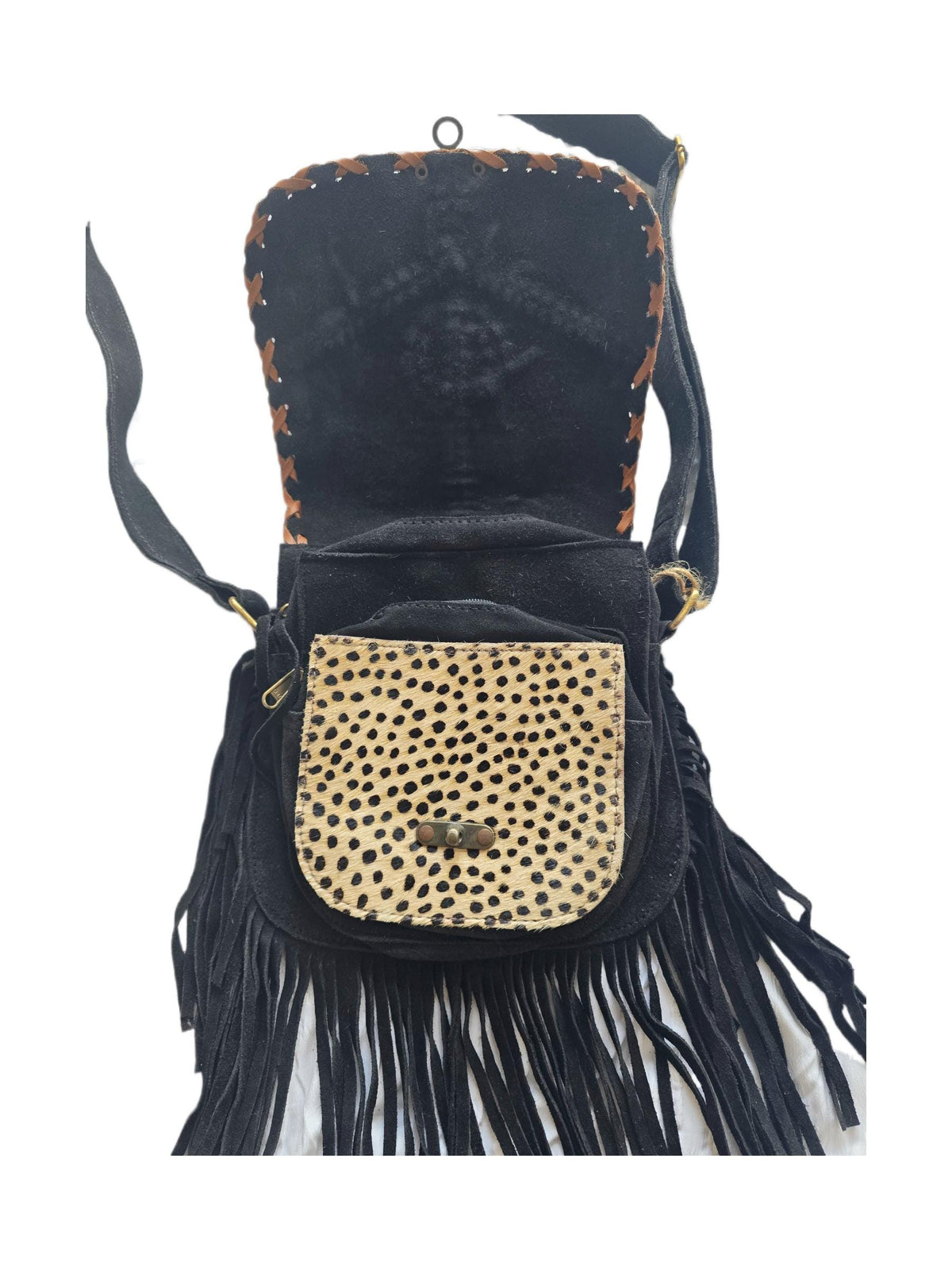 Boho Fringe Leather Crossbody Bag, Leopard Cowhide Western Purse, Hippie Festival Tassel Bag, Navajo Style Handbag