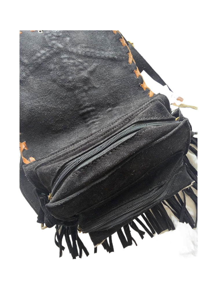 Boho Fringe Leather Crossbody Bag, Leopard Cowhide Western Purse, Hippie Festival Tassel Bag, Navajo Style Handbag