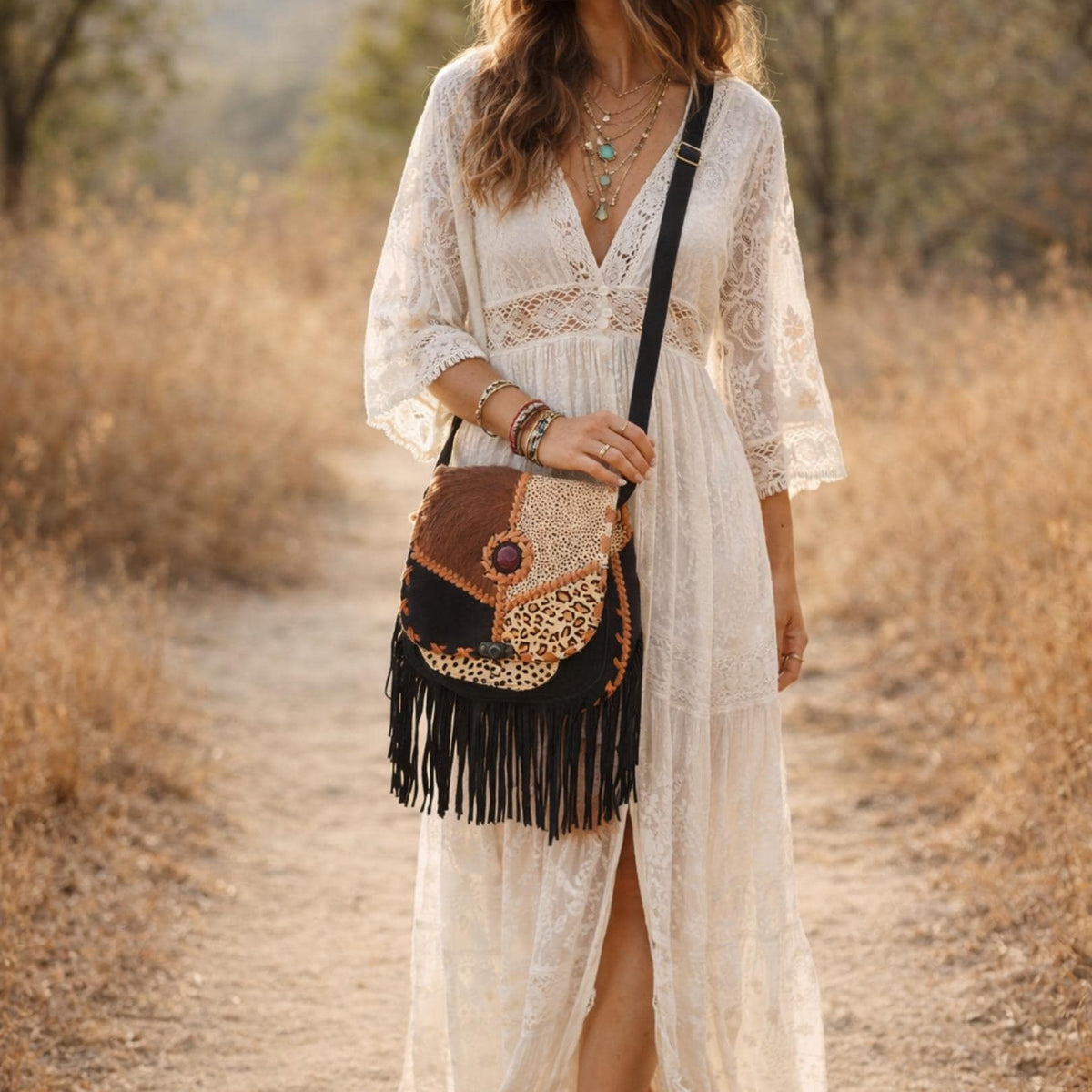Boho Fringe Leather Crossbody Bag, Leopard Cowhide Western Purse, Hippie Festival Tassel Bag, Navajo Style Handbag