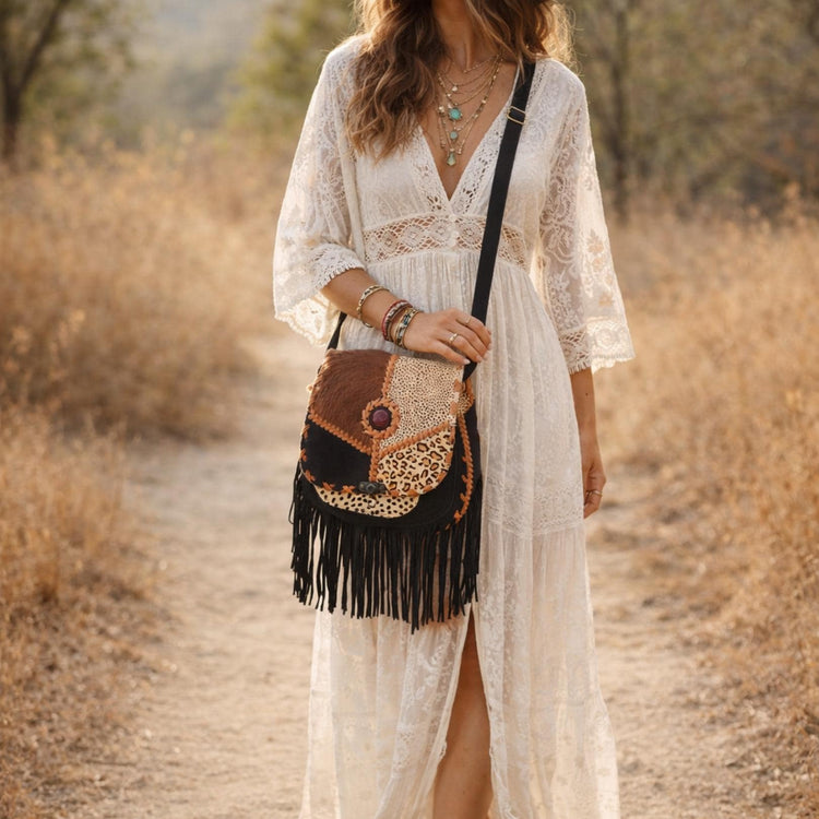 Boho Fringe Leather Crossbody Bag, Leopard Cowhide Western Purse, Hippie Festival Tassel Bag, Navajo Style Handbag