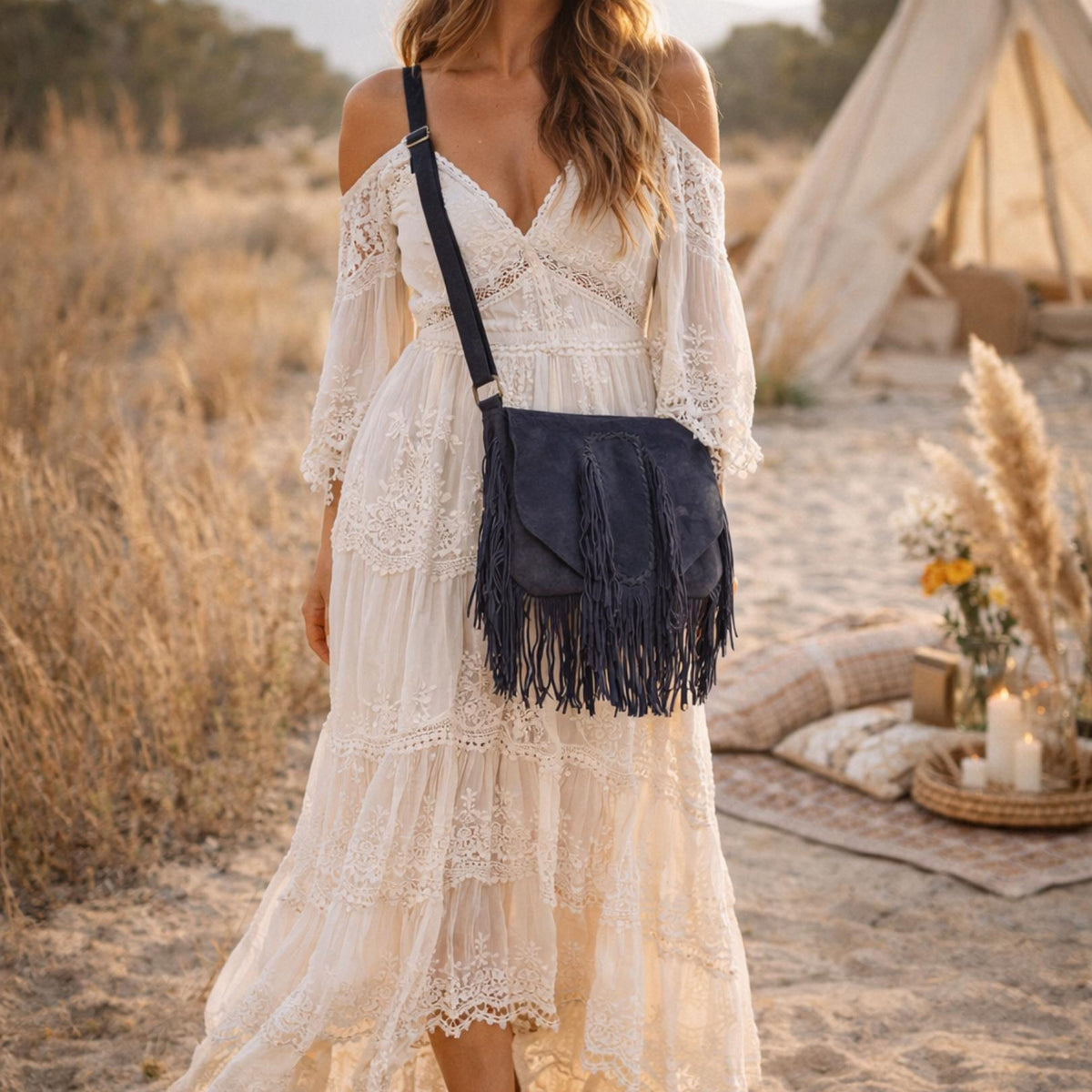 Dusty Pink Suede Fringe Crossbody Bag: Braided Boho Purse