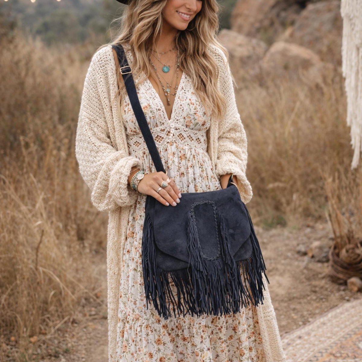 Vintage Suede Fringe Crossbody Bag: Western Boho Style