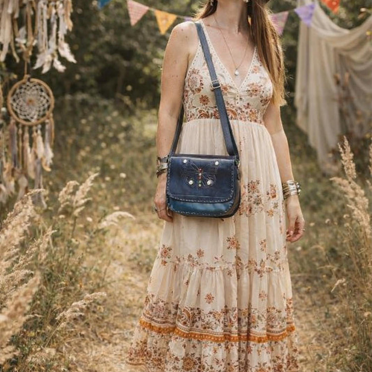 Handmade Leather Butterfly Crossbody Bag: Western Satchel with White Stones