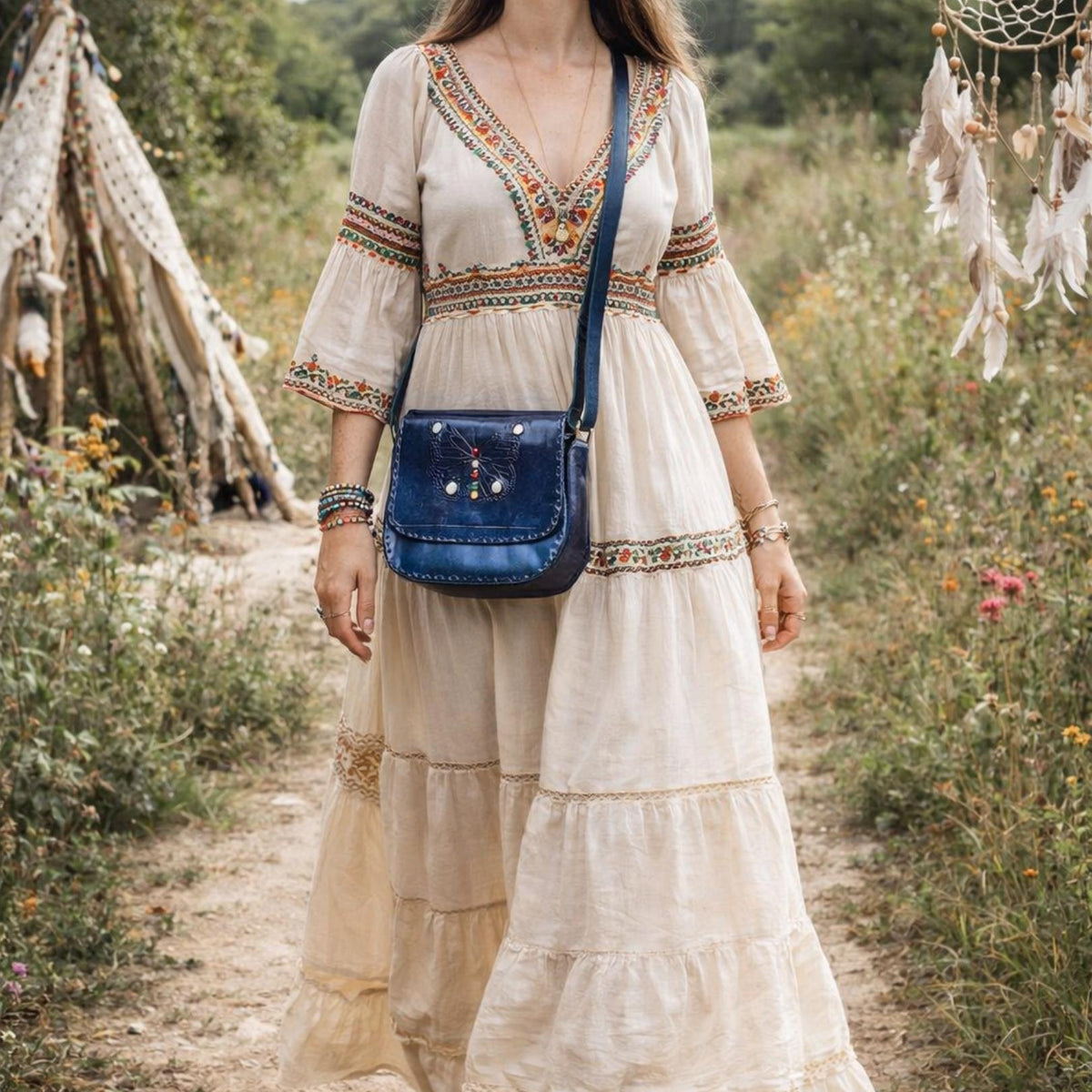 Handmade Leather Butterfly Crossbody Bag: Western Satchel with White Stones