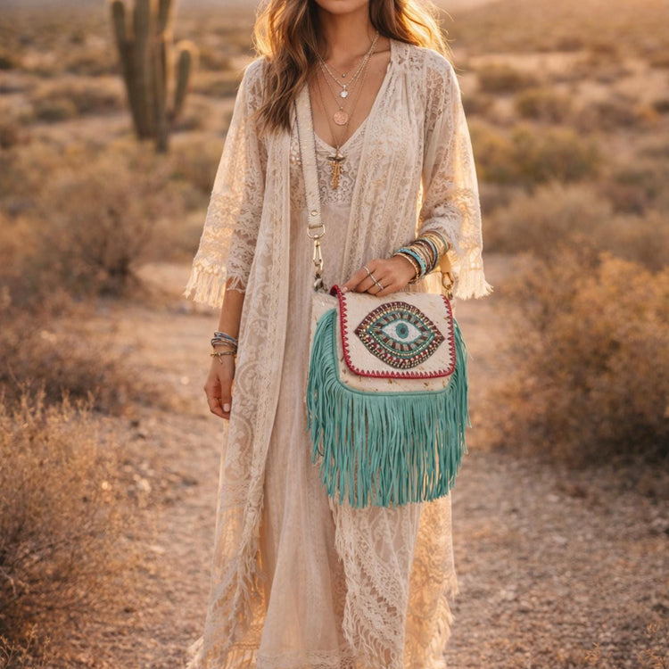 Beaded Evil Eye Fringe Crossbody Bag: White Cowhide Boho Purse