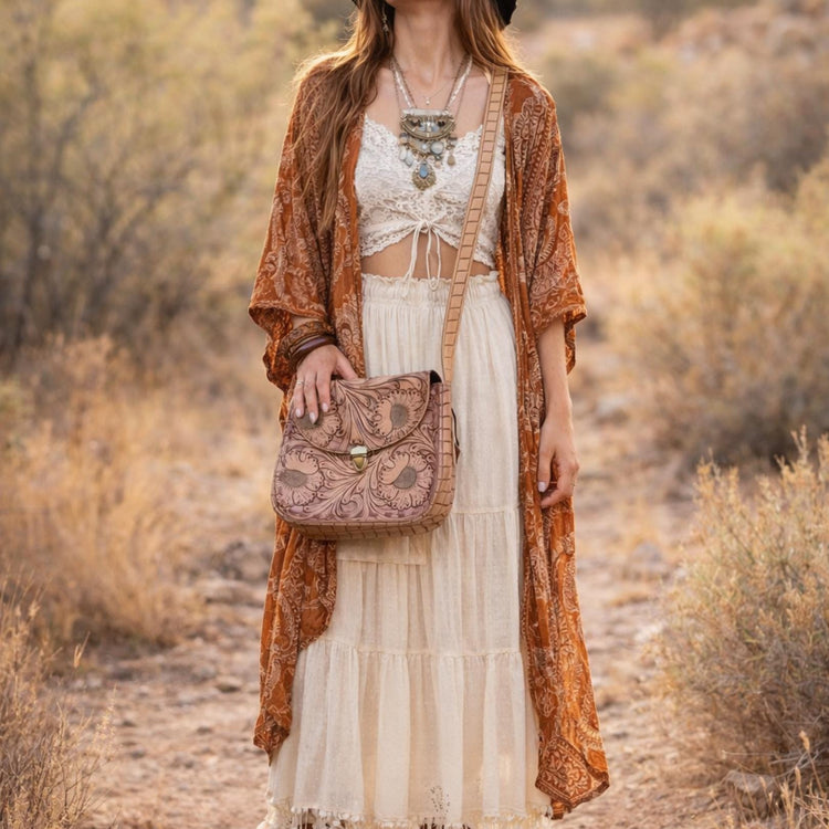 Tooled Leather Sunflower Bag, Boho Western Crossbody Purse, Vintage Style Saddle Bag, Floral Artisan Handbag