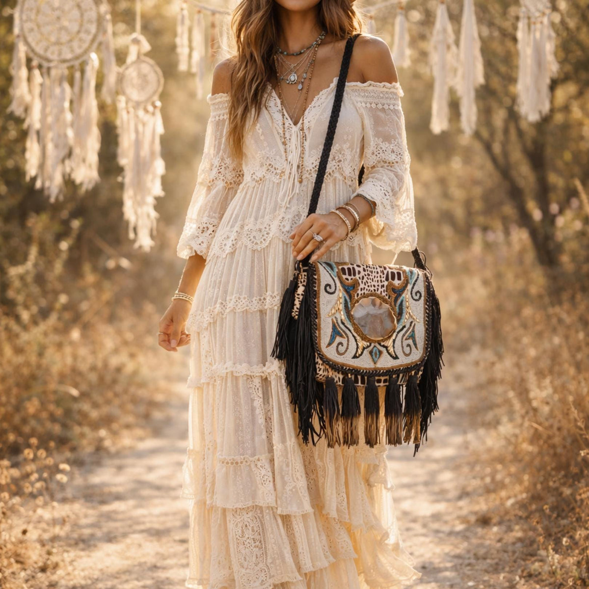 Cowhide Leather Shoulder Bag: Beaded Boho Fringe Tote with Quartz