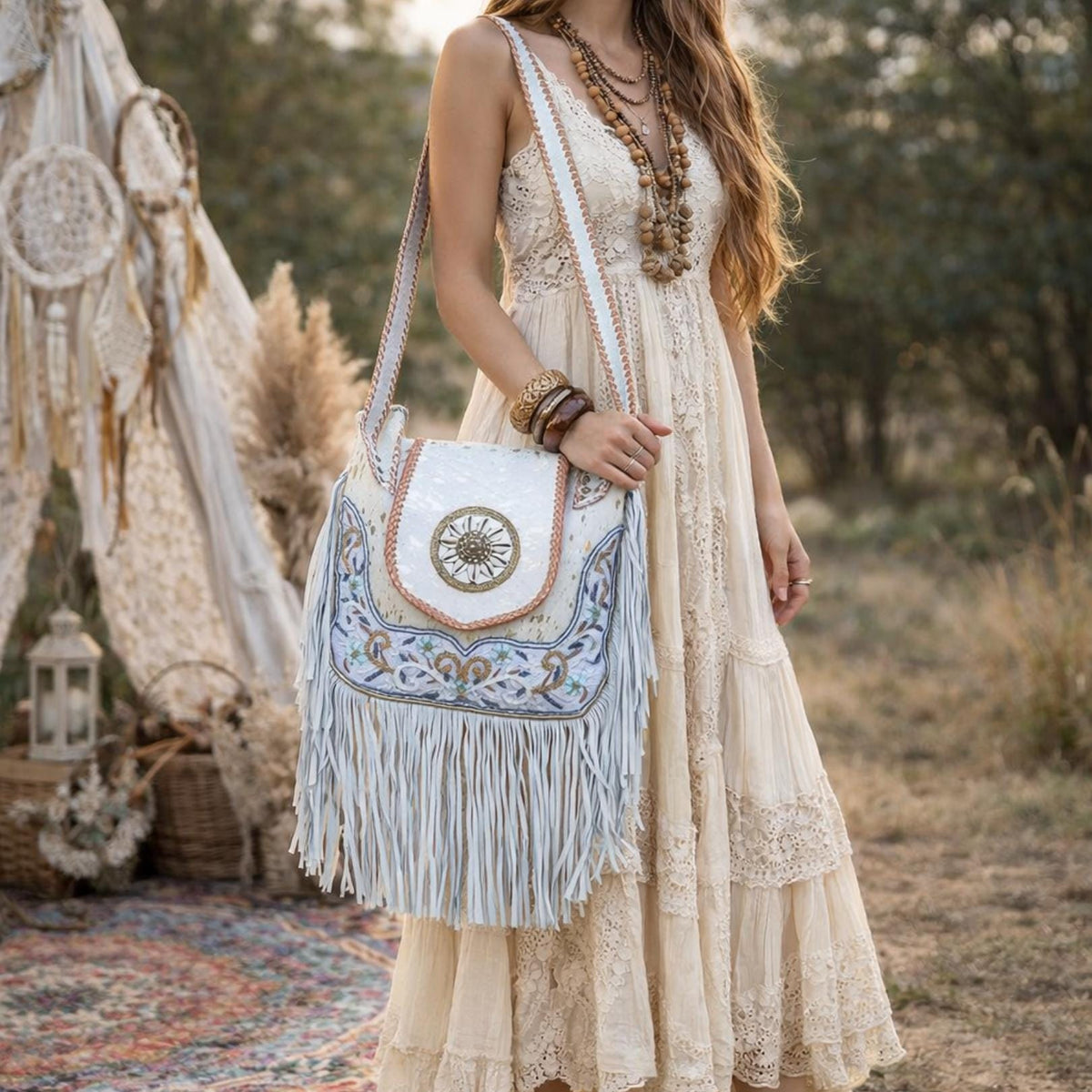 Beaded Cowhide Fringe Tote: Boho Leather Shoulder Bag