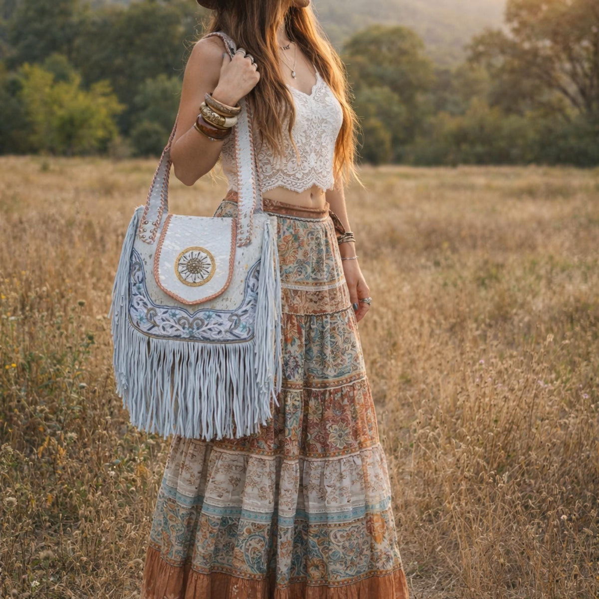 Beaded Cowhide Fringe Tote: Boho Leather Shoulder Bag