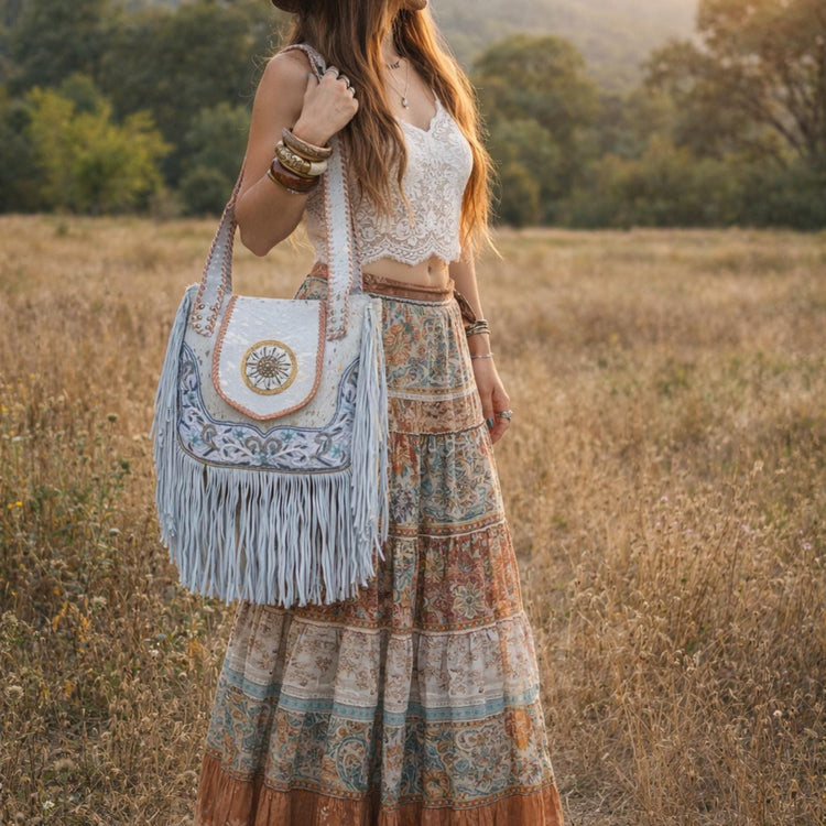 Beaded Cowhide Fringe Tote: Boho Leather Shoulder Bag