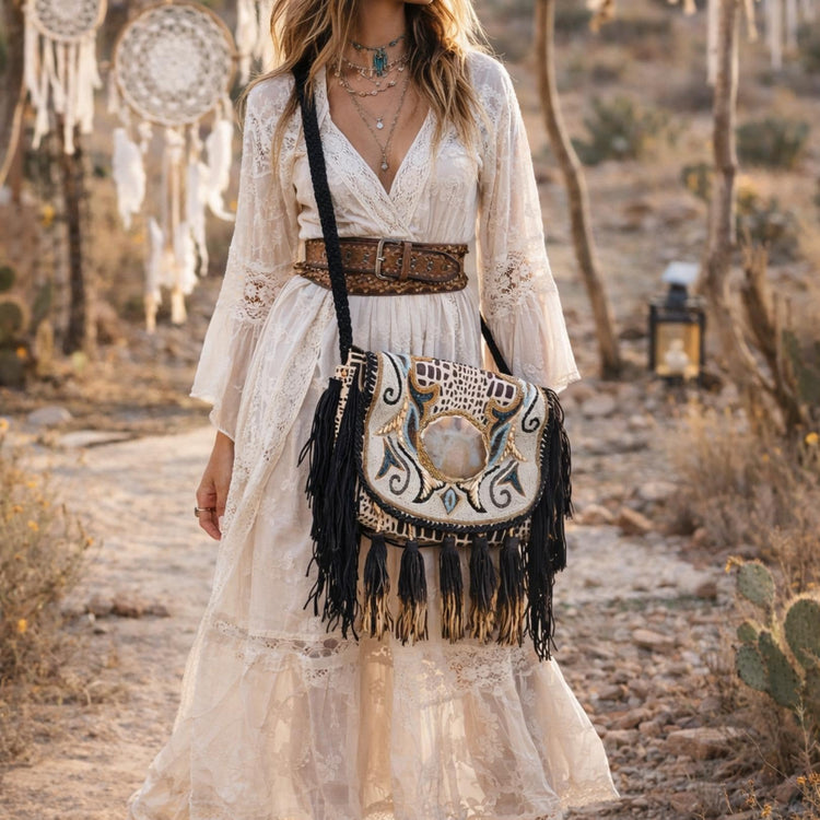 Cowhide Leather Shoulder Bag: Beaded Boho Fringe Tote with Quartz