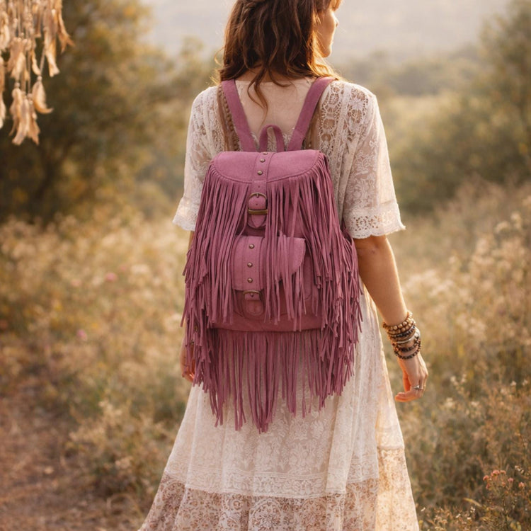 Burgundy Suede Leather Tassel Backpack: Boho Festival Rucksack