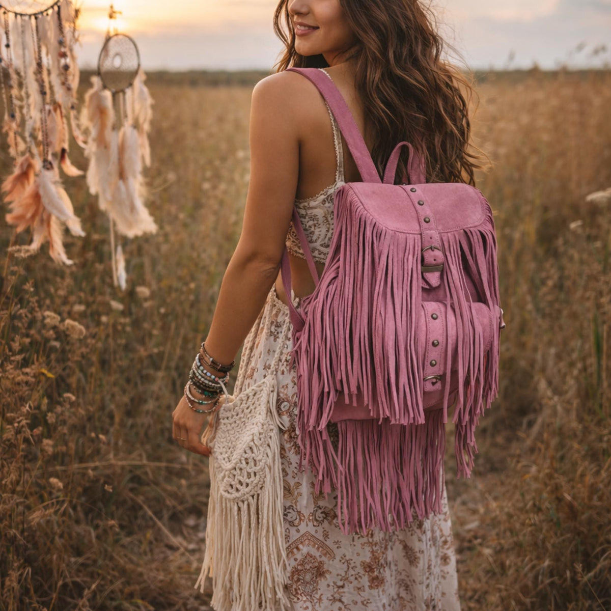 Burgundy Suede Leather Tassel Backpack: Boho Festival Rucksack
