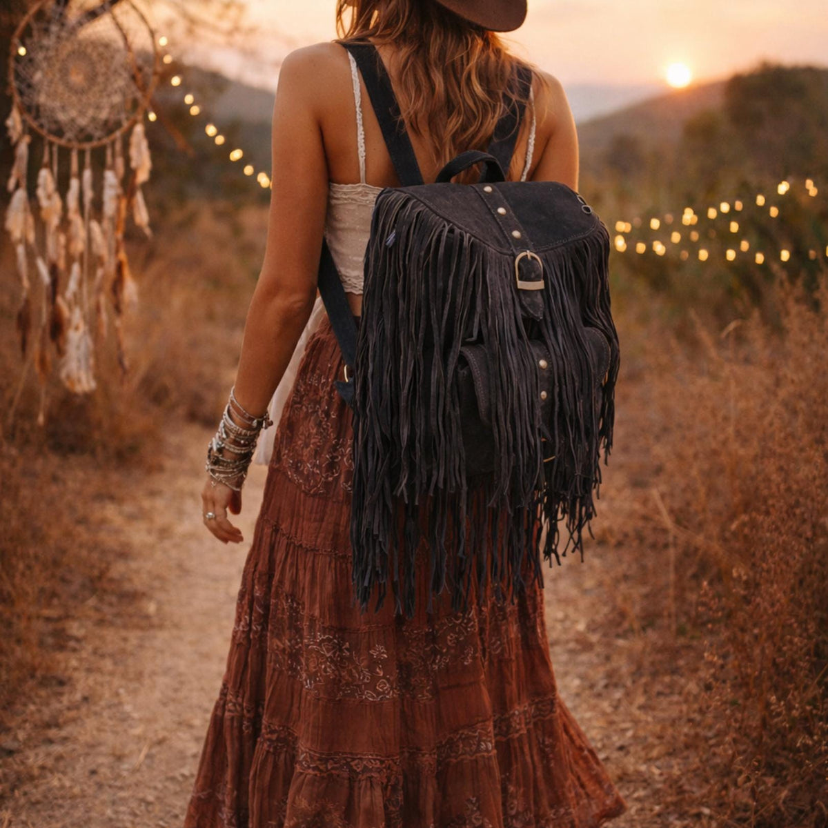 Burgundy Suede Leather Tassel Backpack: Boho Festival Rucksack