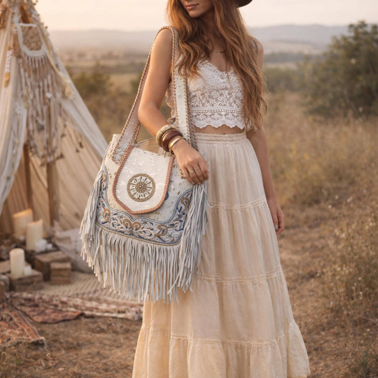 Beaded Cowhide Fringe Tote: Boho Leather Shoulder Bag