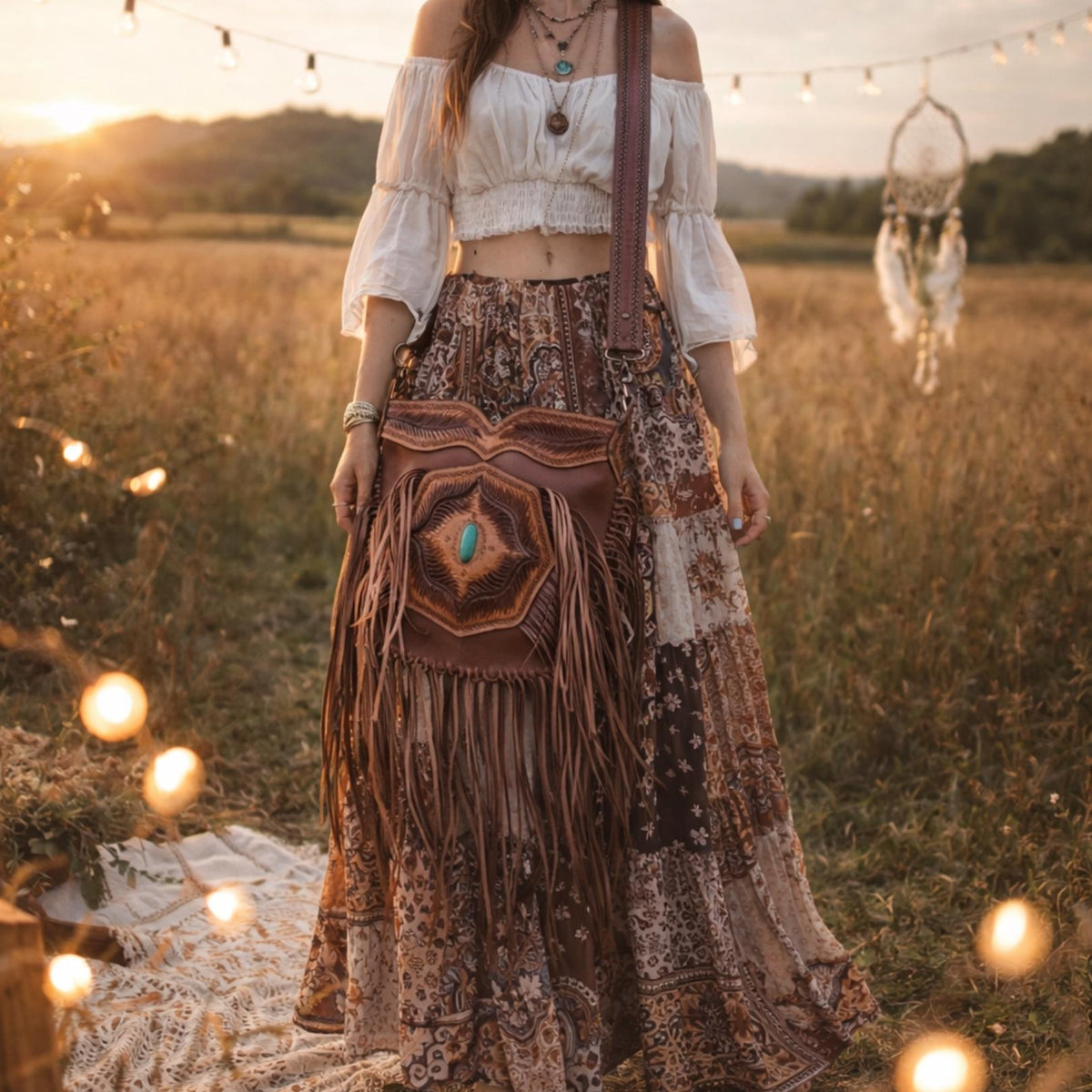 Tooled Leather Fringe Crossbody Bag: Boho Western Purse with Turquoise