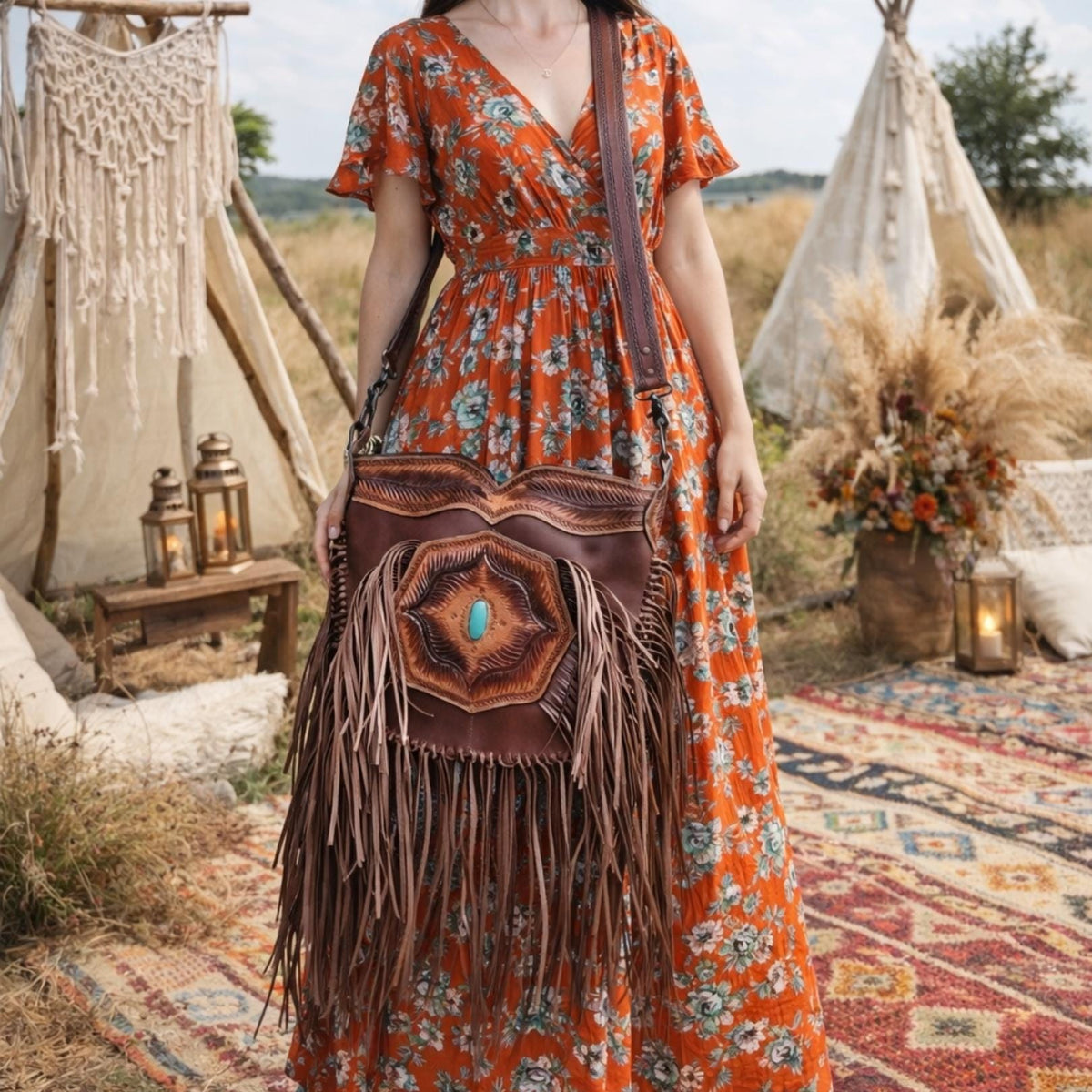 Tooled Leather Fringe Crossbody Bag: Boho Western Purse with Turquoise