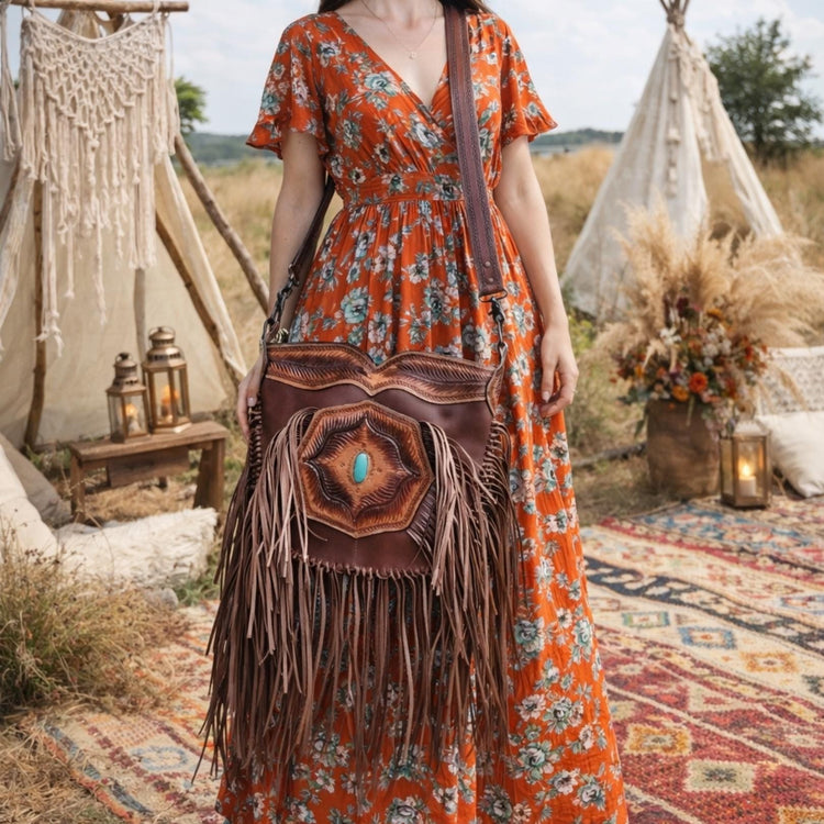 Tooled Leather Fringe Crossbody Bag: Boho Western Purse with Turquoise