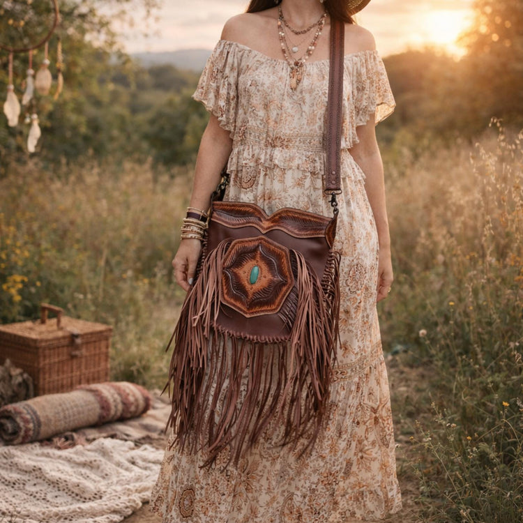 Tooled Leather Fringe Crossbody Bag: Boho Western Purse with Turquoise