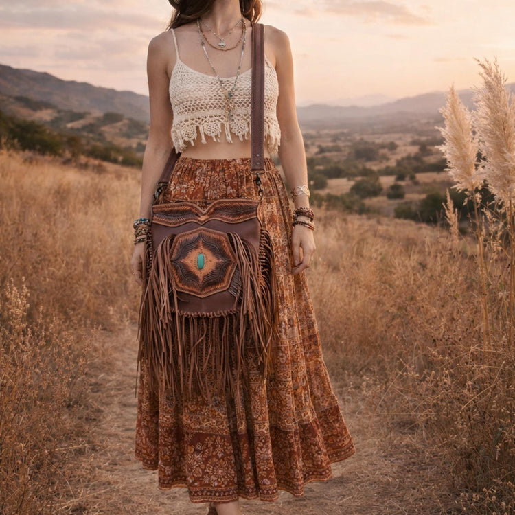 Tooled Leather Fringe Crossbody Bag: Boho Western Purse with Turquoise