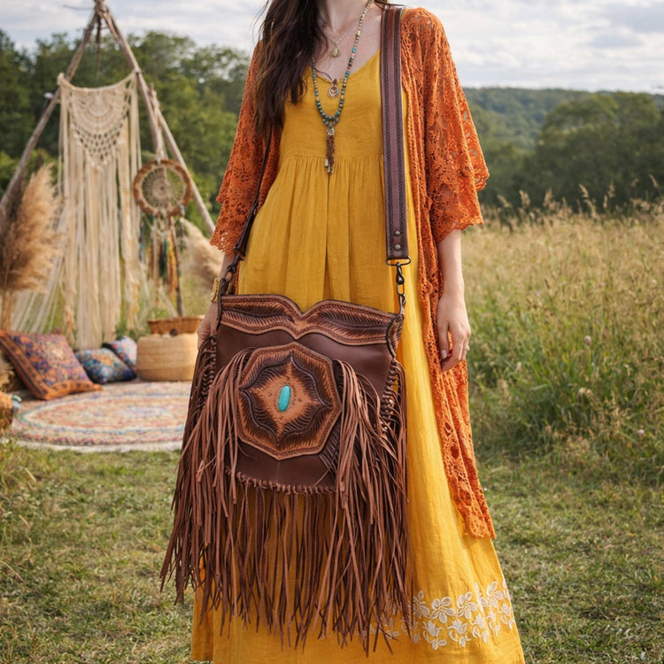 Tooled Leather Fringe Crossbody Bag: Boho Western Purse with Turquoise