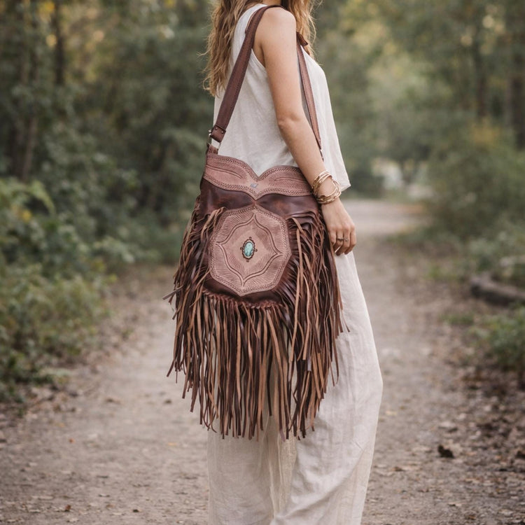 Extra Large Western Fringe Leather Bag / Turquoise Navajo Style Tooled Leather Purse Boho Festival Tassel Crossbody Shopper