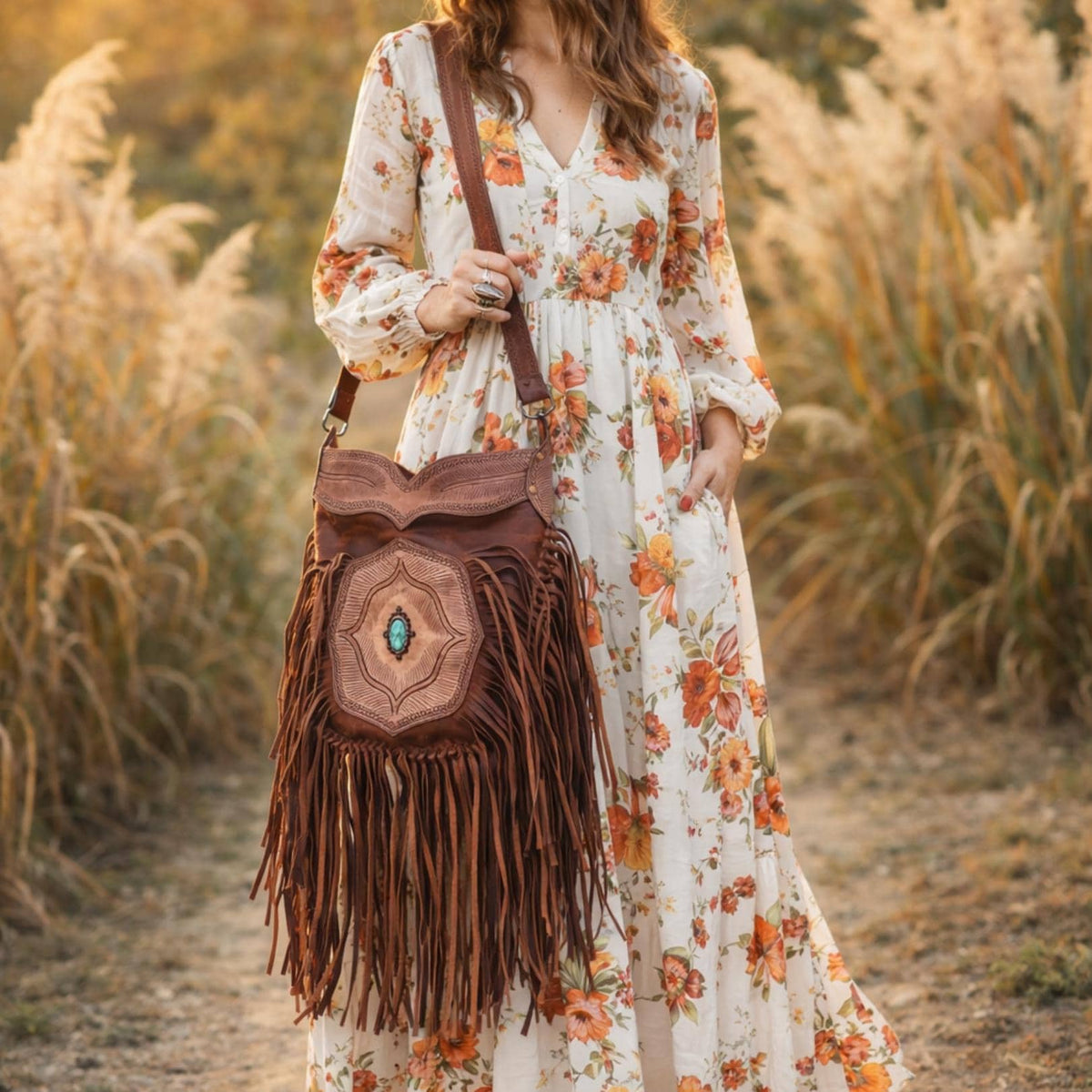 Extra Large Western Fringe Leather Bag / Turquoise Navajo Style Tooled Leather Purse Boho Festival Tassel Crossbody Shopper