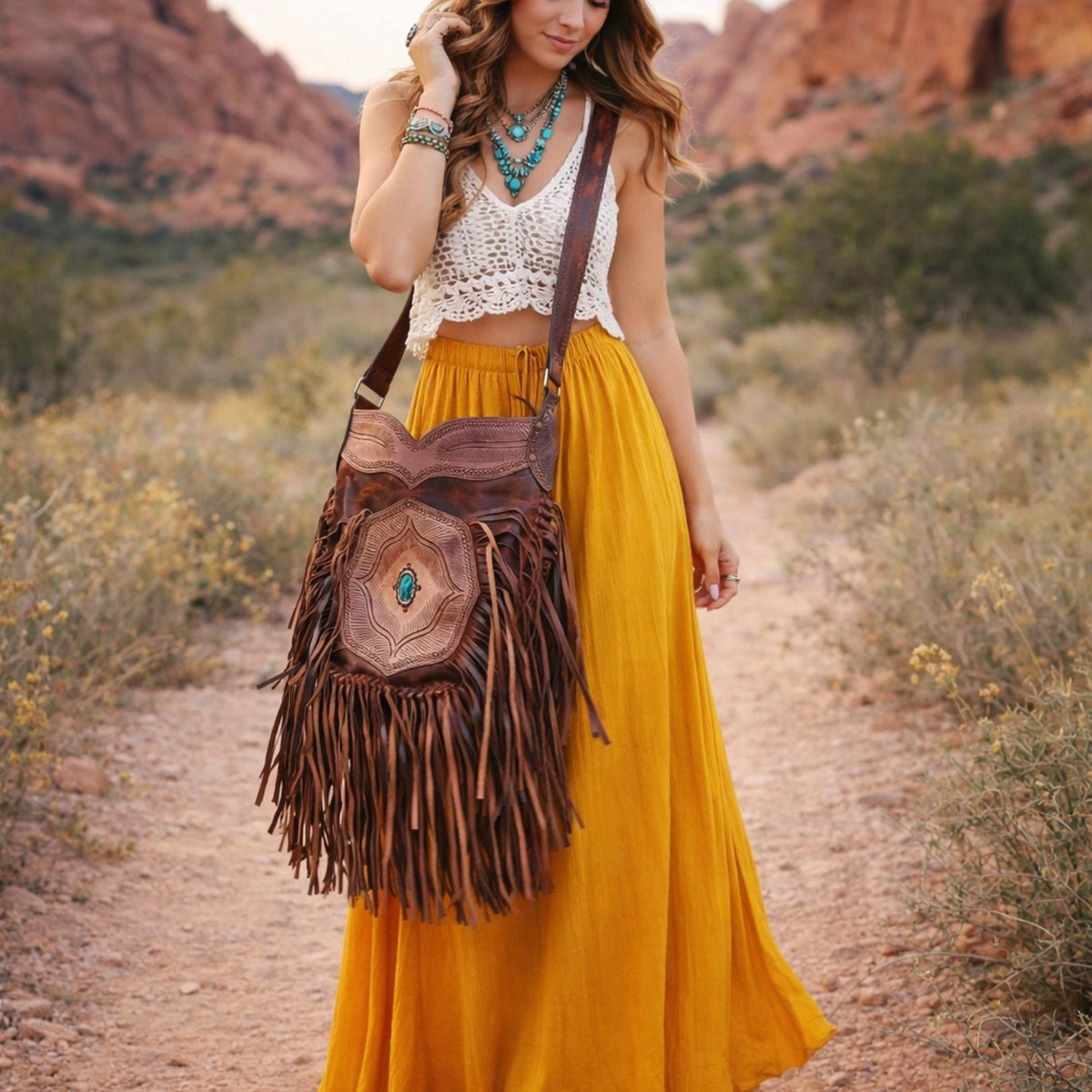 Extra Large Western Fringe Leather Bag / Turquoise Navajo Style Tooled Leather Purse Boho Festival Tassel Crossbody Shopper