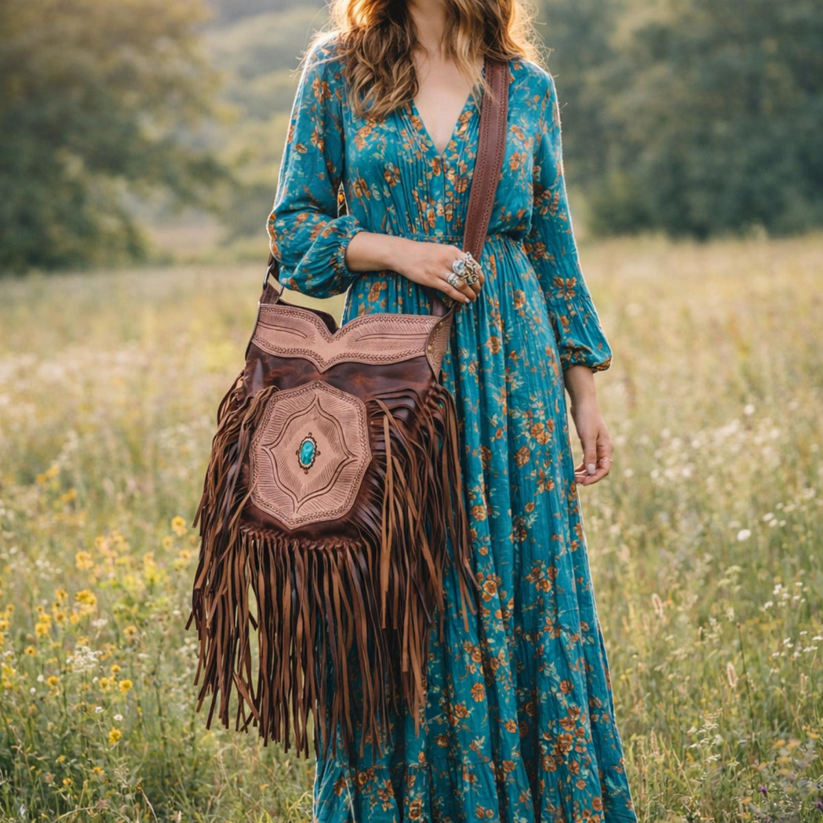 Extra Large Western Fringe Leather Bag / Turquoise Navajo Style Tooled Leather Purse Boho Festival Tassel Crossbody Shopper