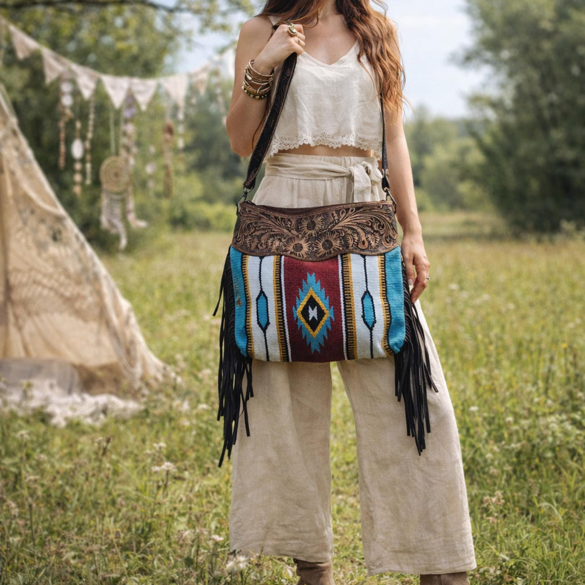 Aztec carpet crossbody bag, western tooled leather purse, woven native american blanket