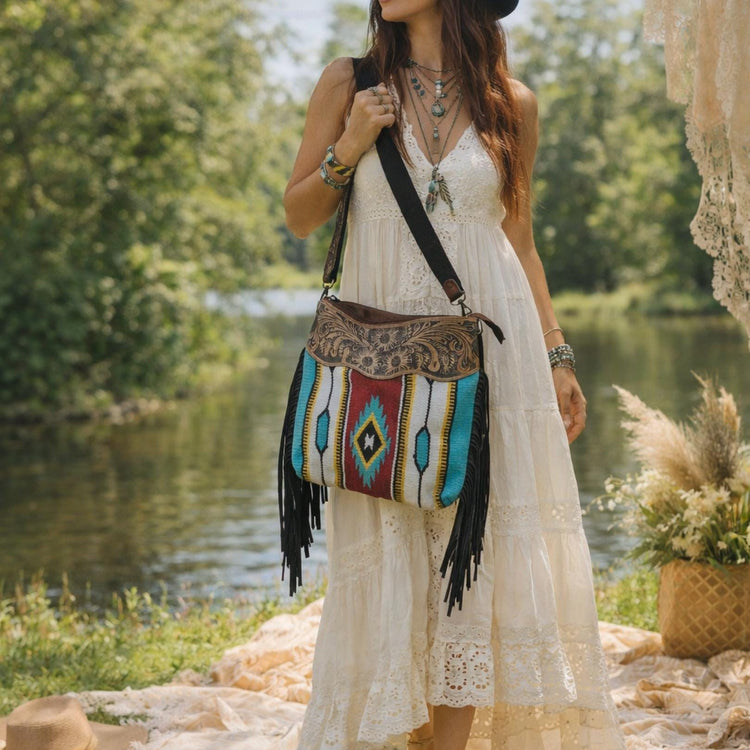 Aztec carpet crossbody bag, western tooled leather purse, woven native american blanket