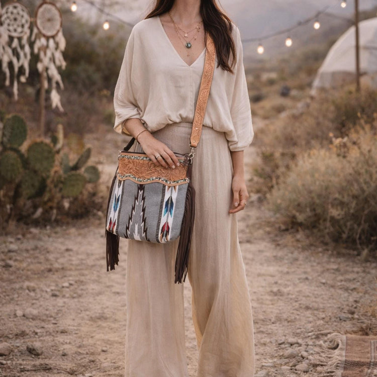 Tooled Leather Fringe Bag: Western Aztec Blanket Purse