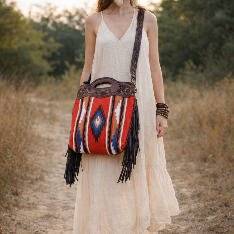 Tooled Leather Fringe Bag: Aztec Carpet Western Crossbody Purse