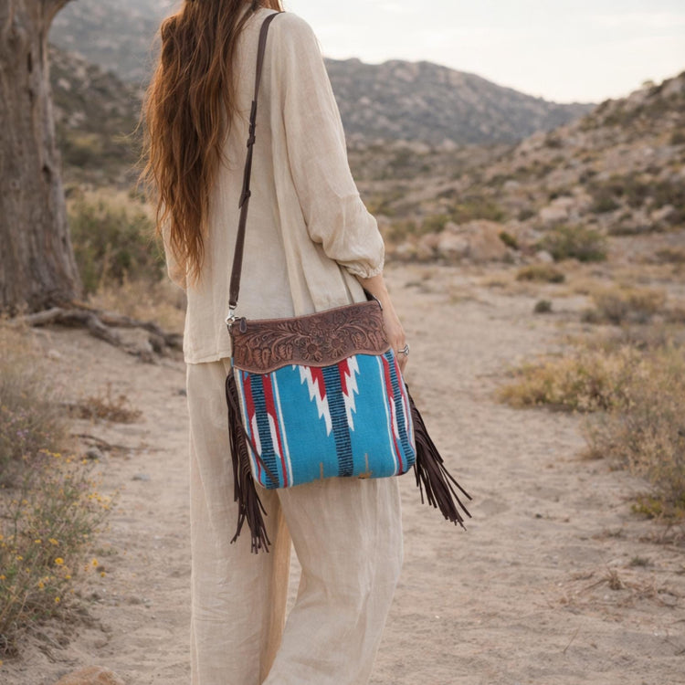 Tooled Leather Fringe Bag: Cowgirl Aztec Blanket Tote