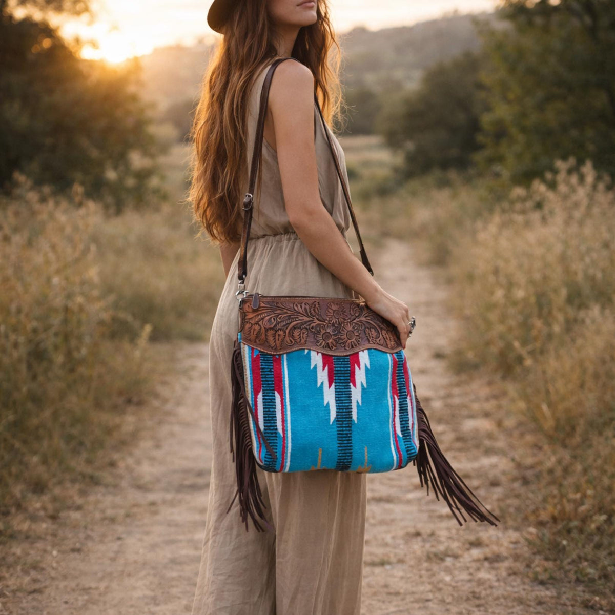 Tooled Leather Fringe Bag: Cowgirl Aztec Blanket Tote