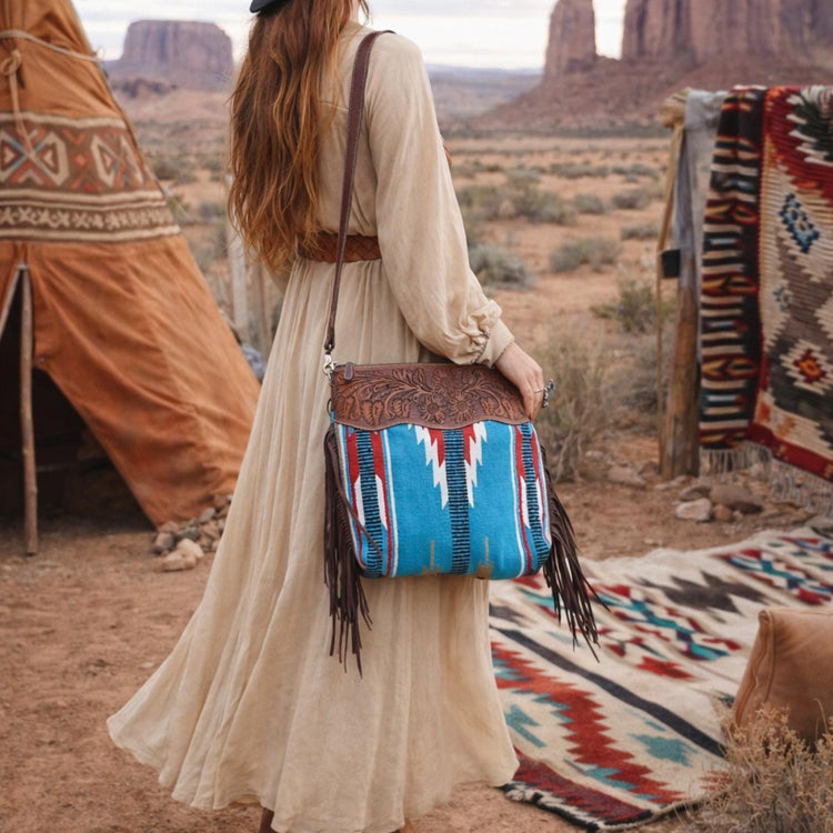 Tooled Leather Fringe Bag: Cowgirl Aztec Blanket Tote