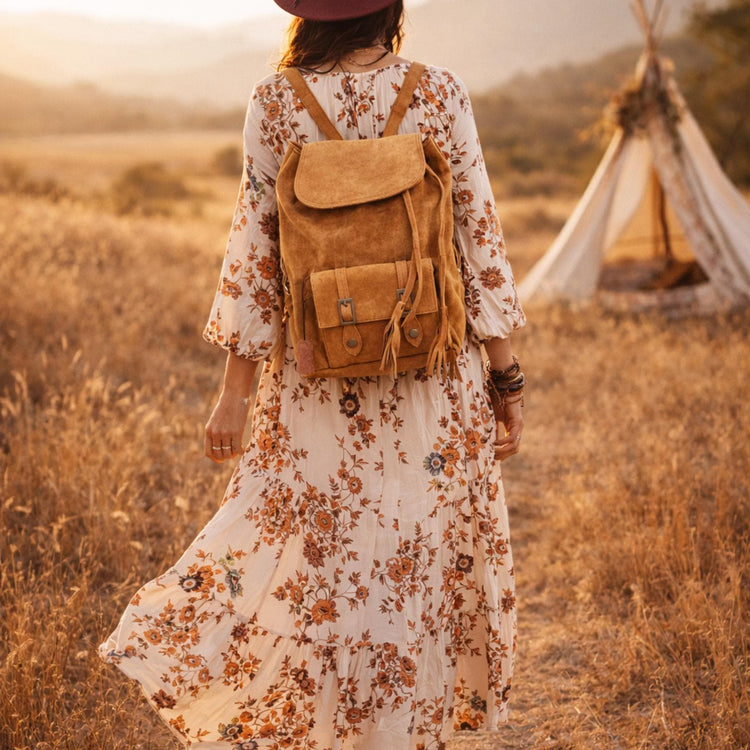 Mustard Yellow Suede Leather Backpack: Boho Festival Rucksack