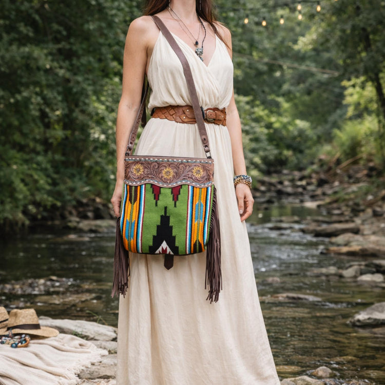 Tooled Sunflower Leather Fringe Purse: Western Aztec Blanket Bag