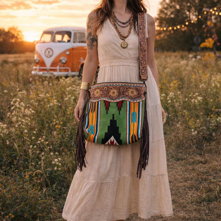 Tooled Sunflower Leather Fringe Purse: Western Aztec Blanket Bag
